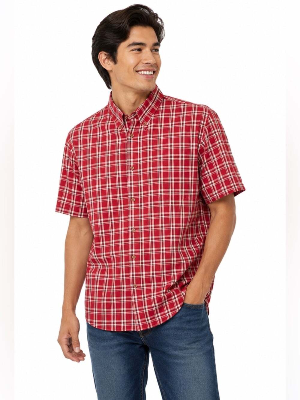 Wrangler Premium Quality Dress Shirt Size XL Red Tan Short Sleeve Casual Button